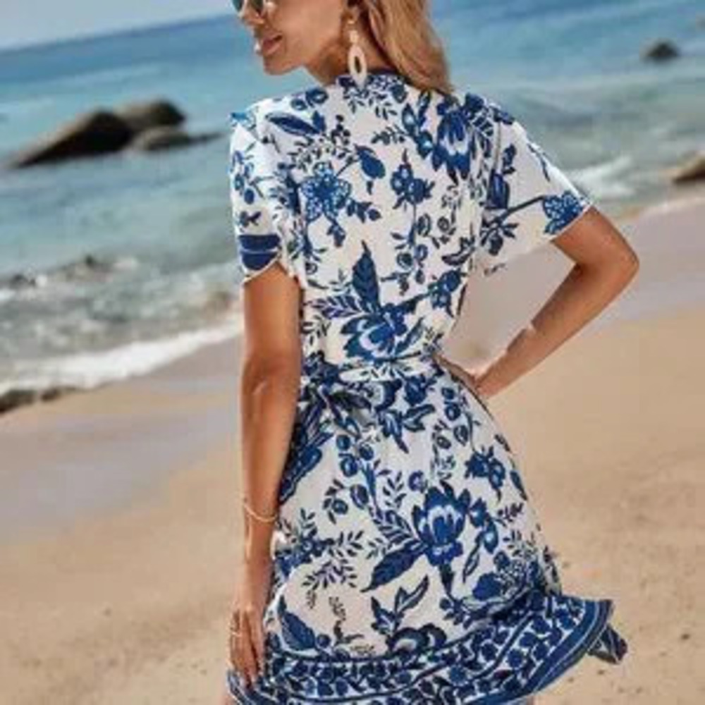 ZARA Blue Boho Womens Floral Print Surplice Neck Dress